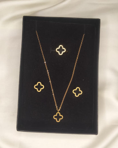 Stainless Steel Clover 5-piece Set (Necklace, Earrings, Adjustable Ring, Bangle, Bracelet)