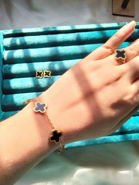 Stainless Steel Clover 5-piece Set (Necklace, Earrings, Adjustable Ring, Bangle, Bracelet)