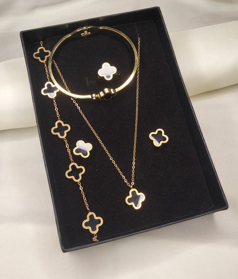 Stainless Steel Clover 5-piece Set (Necklace, Earrings, Adjustable Ring, Bangle, Bracelet)